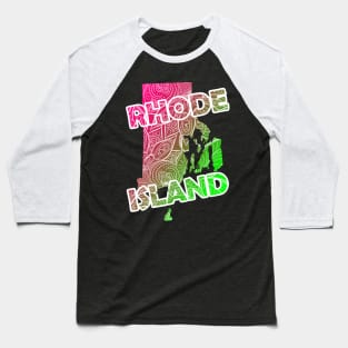 Colorful mandala art map of Rhode Island with text in pink and green Baseball T-Shirt